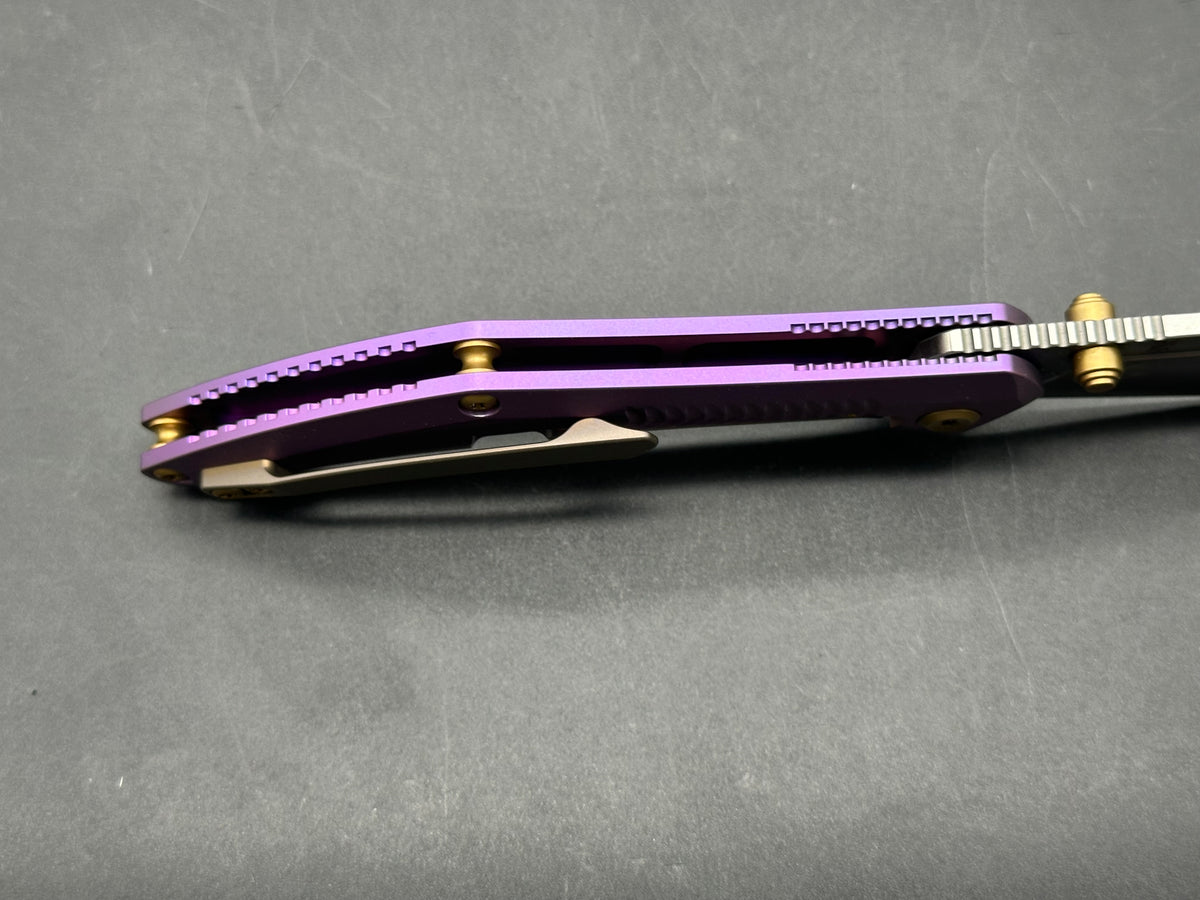 KANSEPT NAVAJA FOLDING KNIFE PURPLE ANODIZED TITANIUM HANDLE 3.6" DAMASCUS MODIFIED CLIP POINT PLAIN EDGE