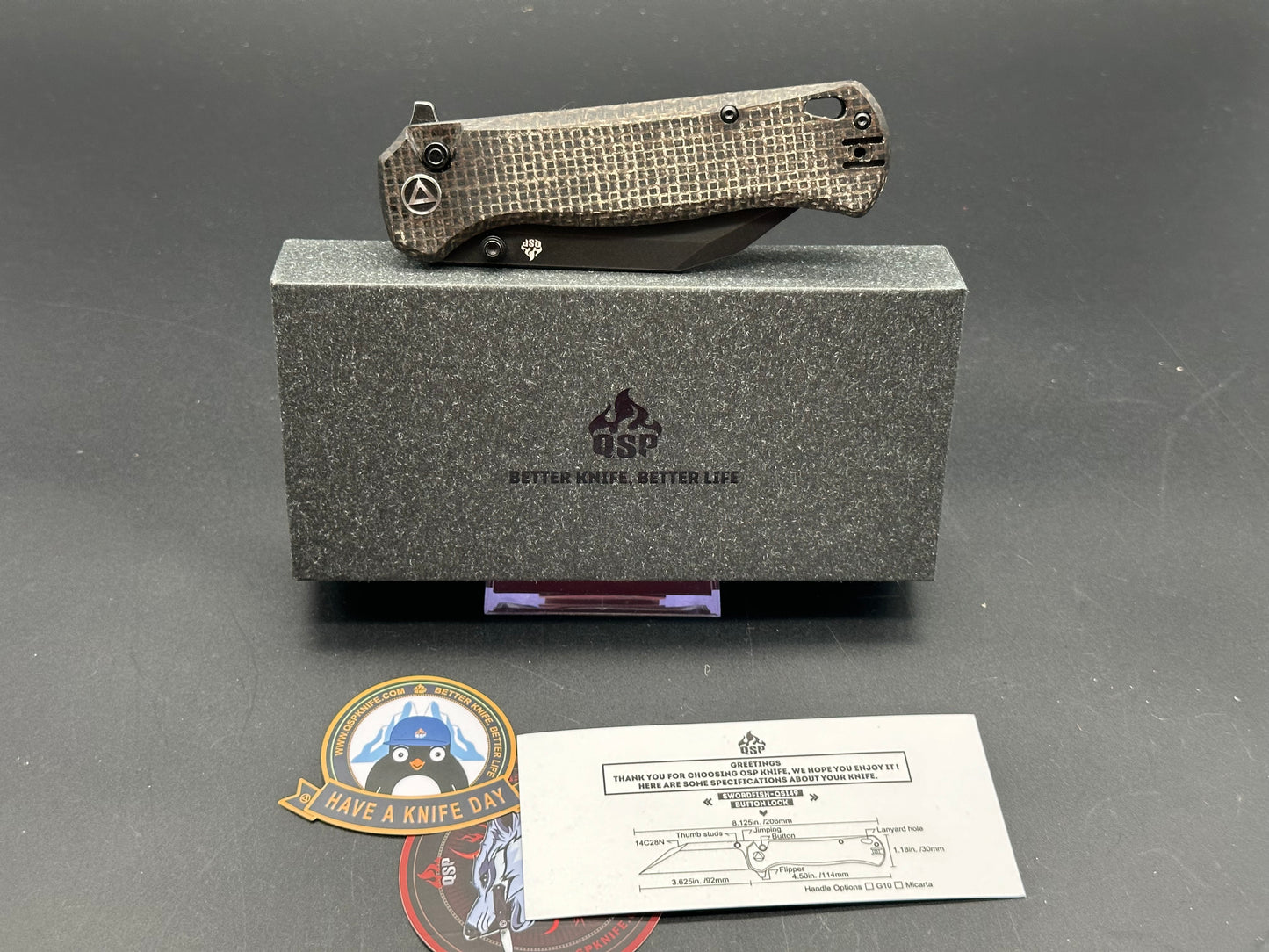 QSP Swordfish Button Lock Knife Brown Micarta (3.625" BW)