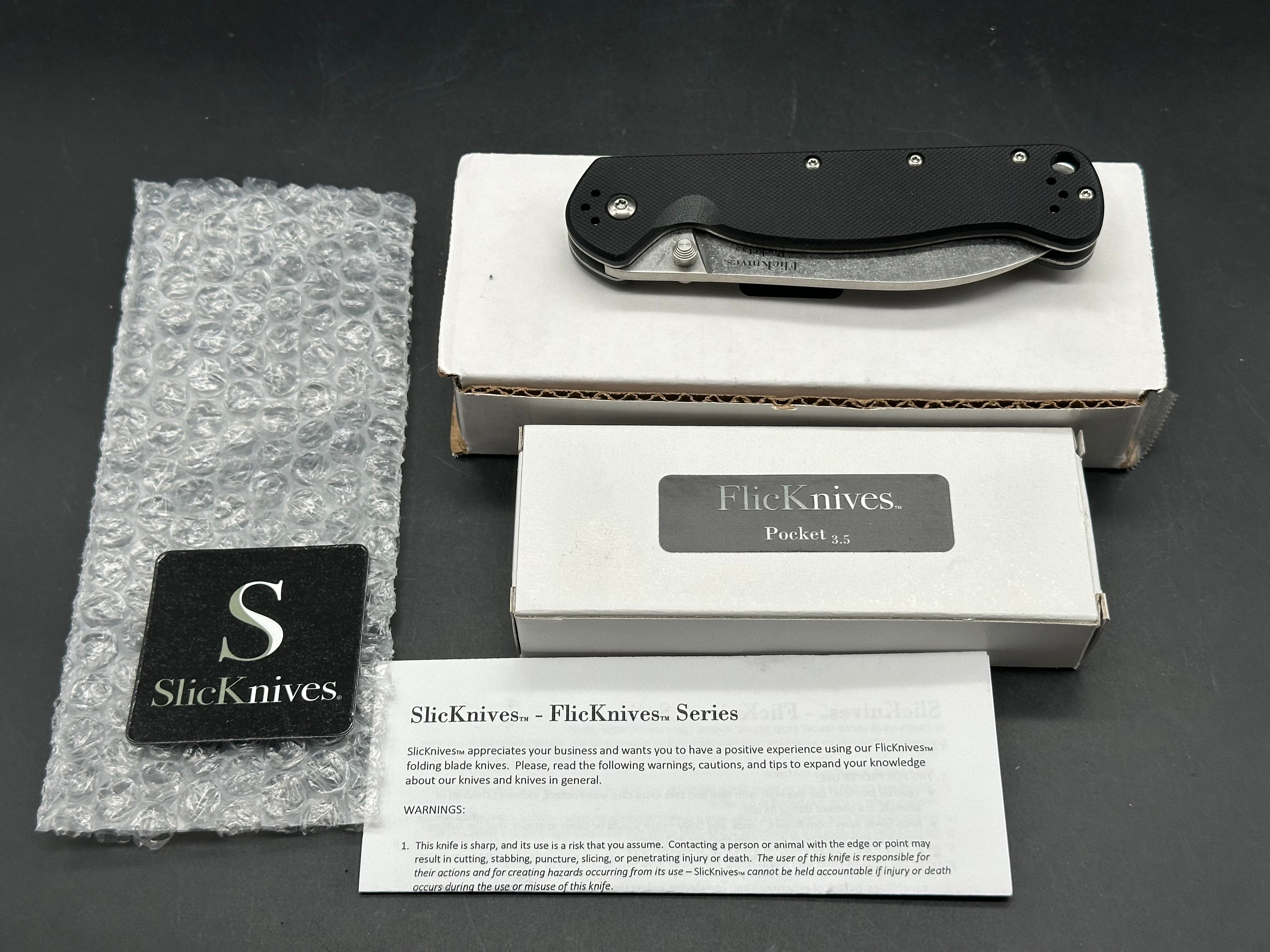 SlicKnives FlicKnives Pocket 3.5  (3.5" AUS 10) Stonewash Drop Point Blade with Black G10