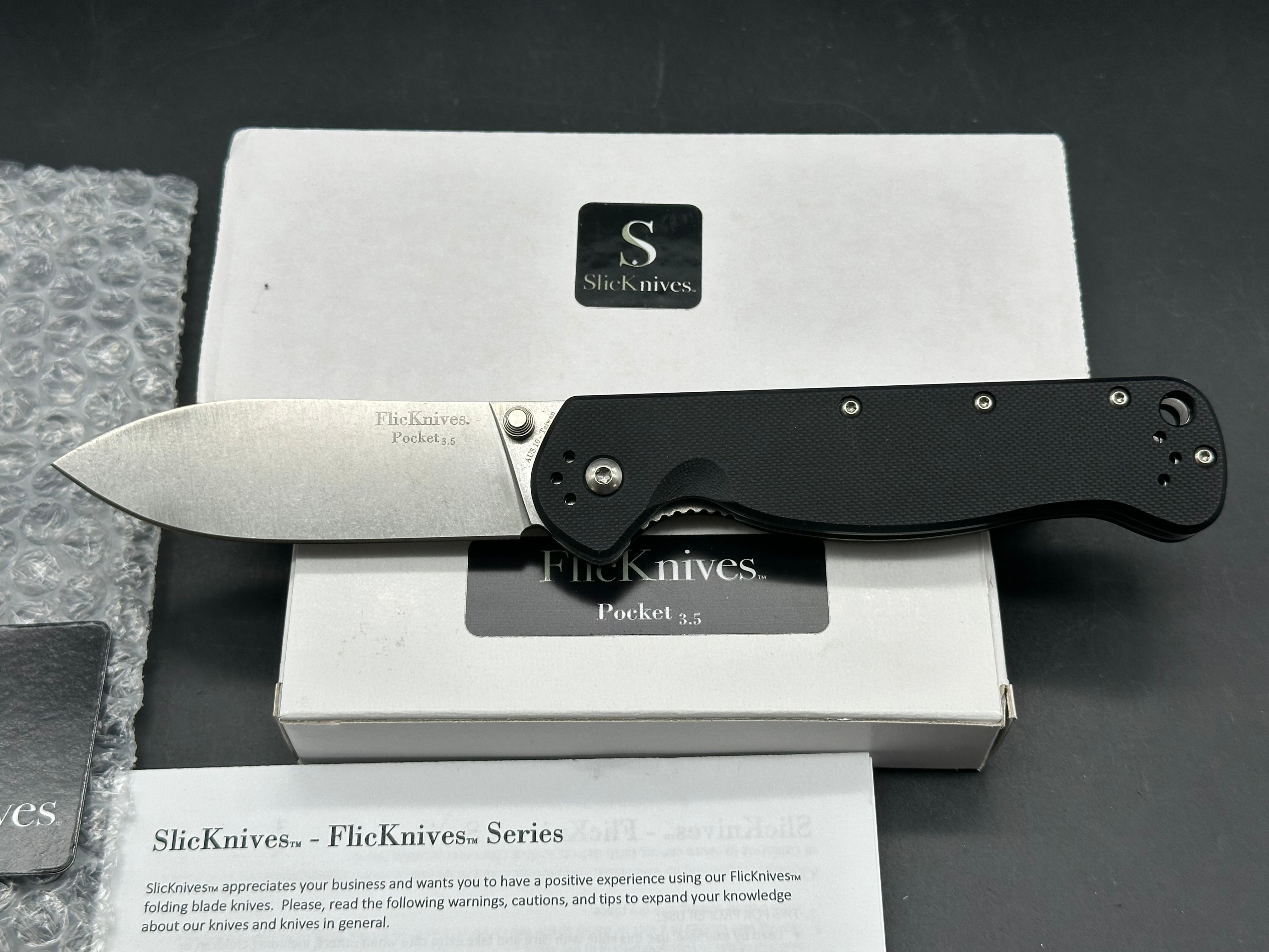 SlicKnives FlicKnives Pocket 3.5  (3.5" AUS 10) Stonewash Drop Point Blade with Black G10
