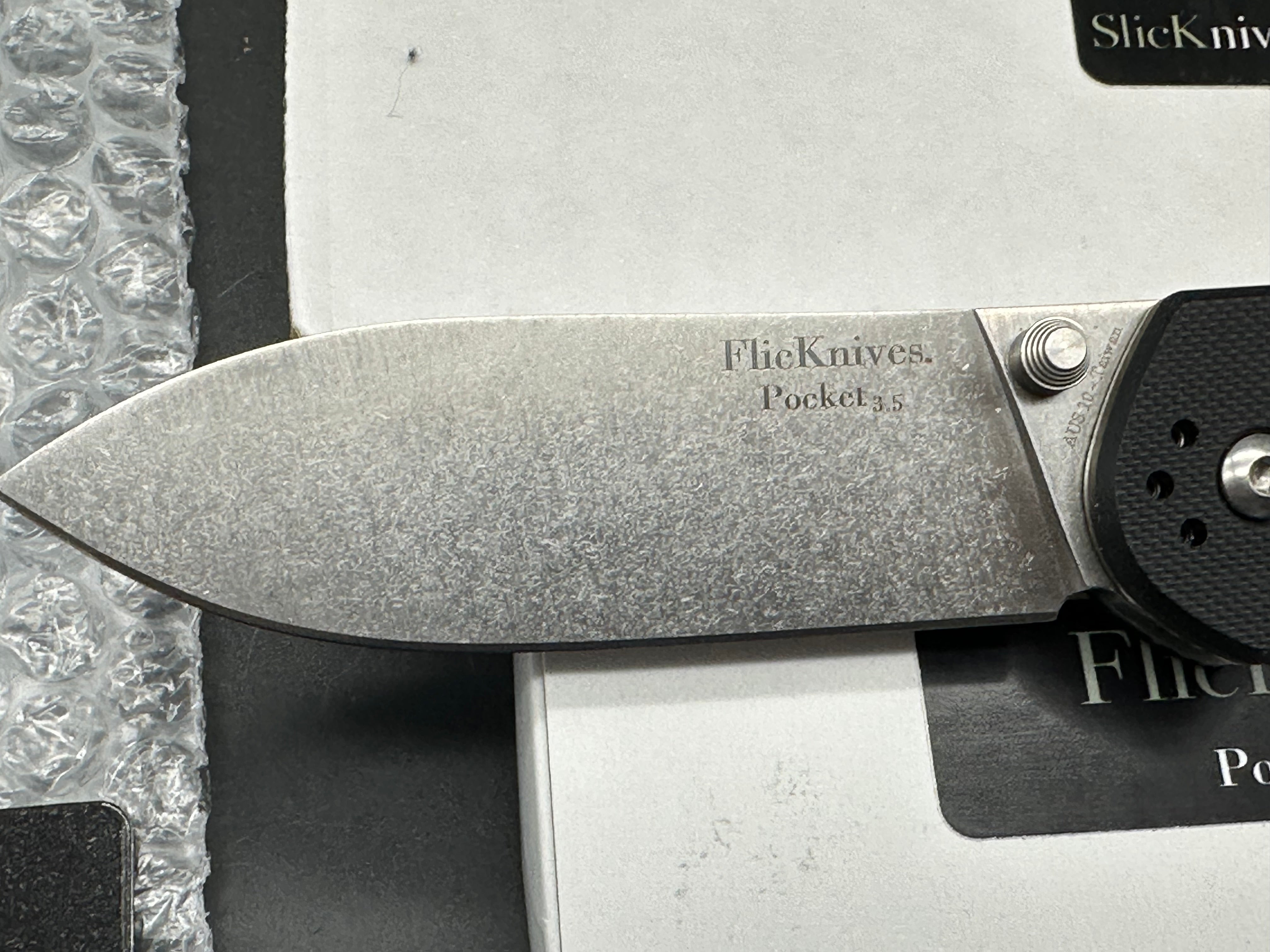 SlicKnives FlicKnives Pocket 3.5  (3.5" AUS 10) Stonewash Drop Point Blade with Black G10