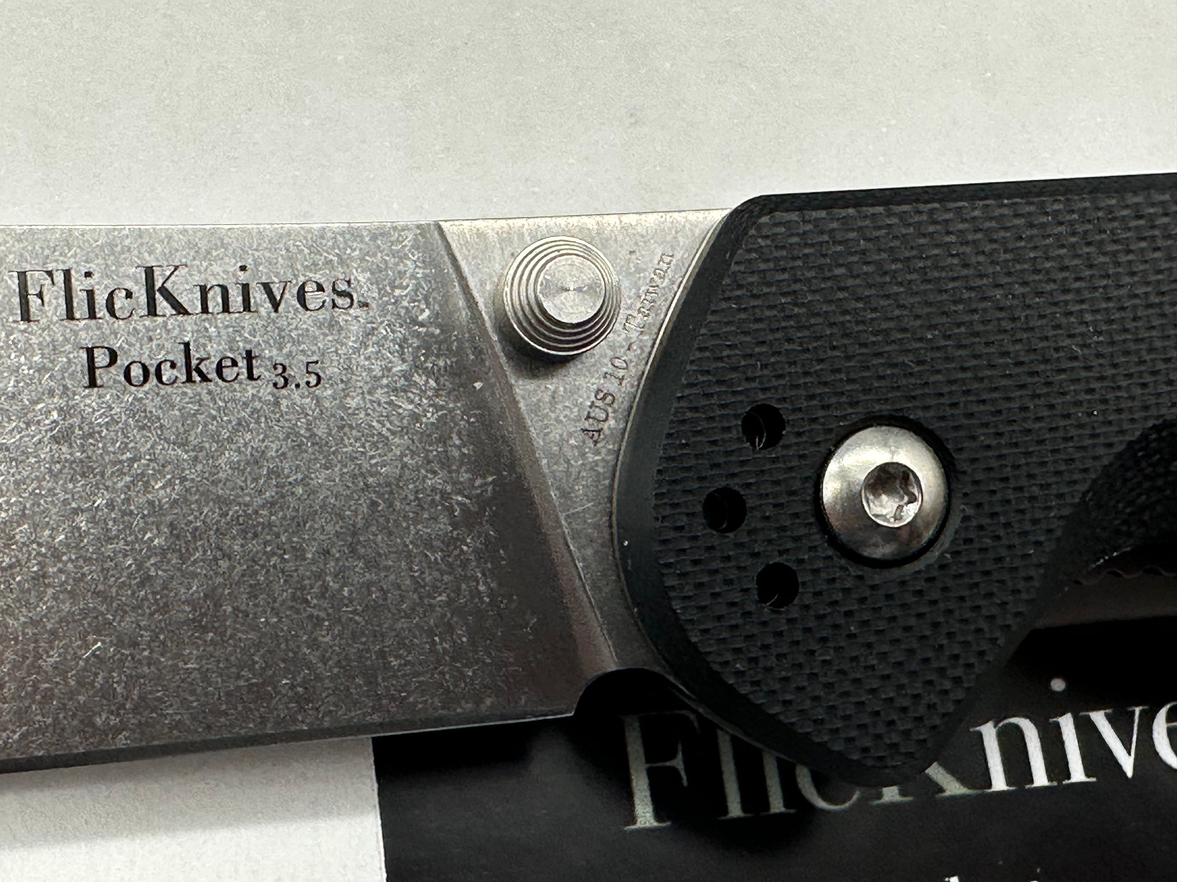 SlicKnives FlicKnives Pocket 3.5  (3.5" AUS 10) Stonewash Drop Point Blade with Black G10