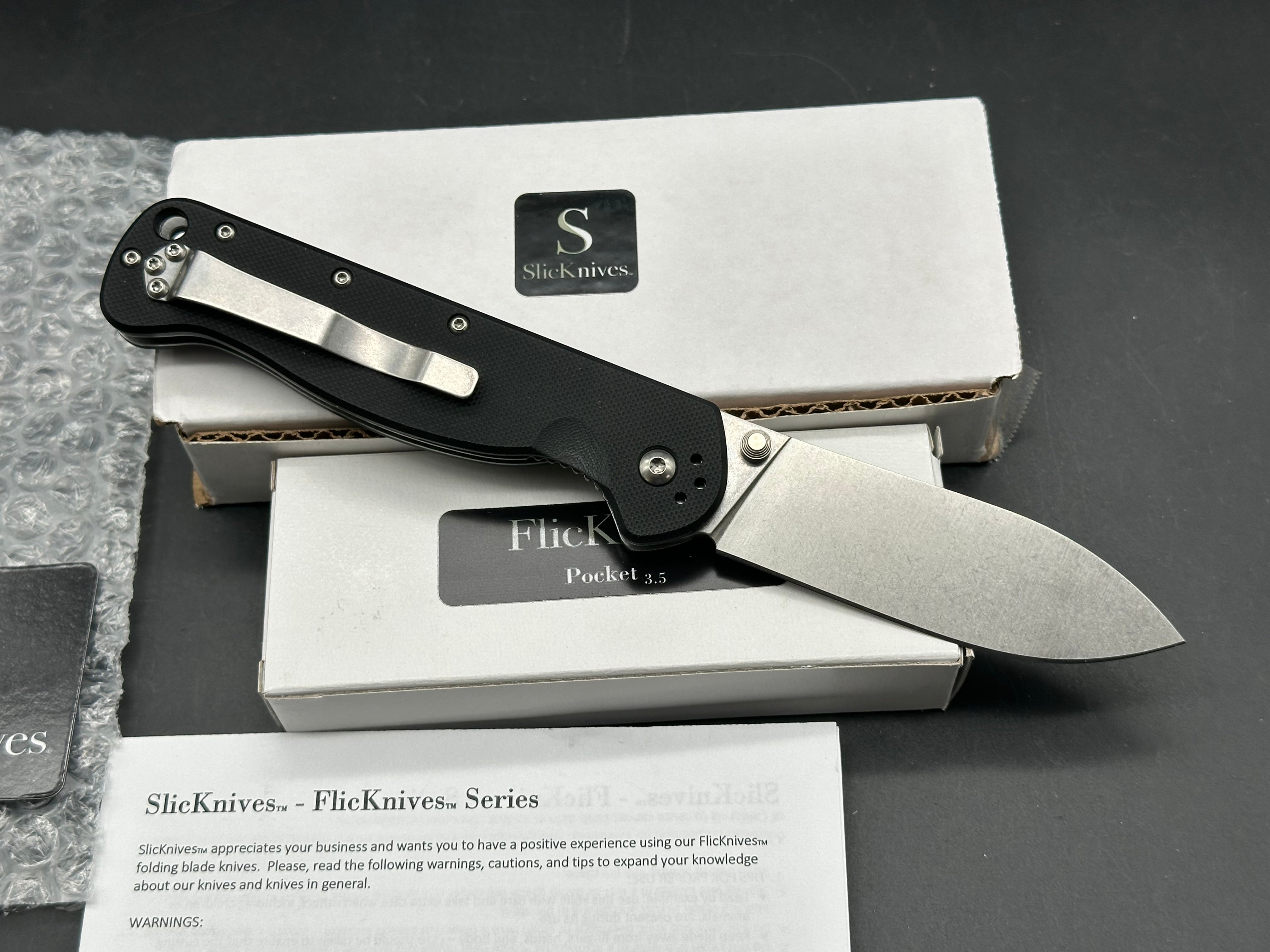 SlicKnives FlicKnives Pocket 3.5  (3.5" AUS 10) Stonewash Drop Point Blade with Black G10