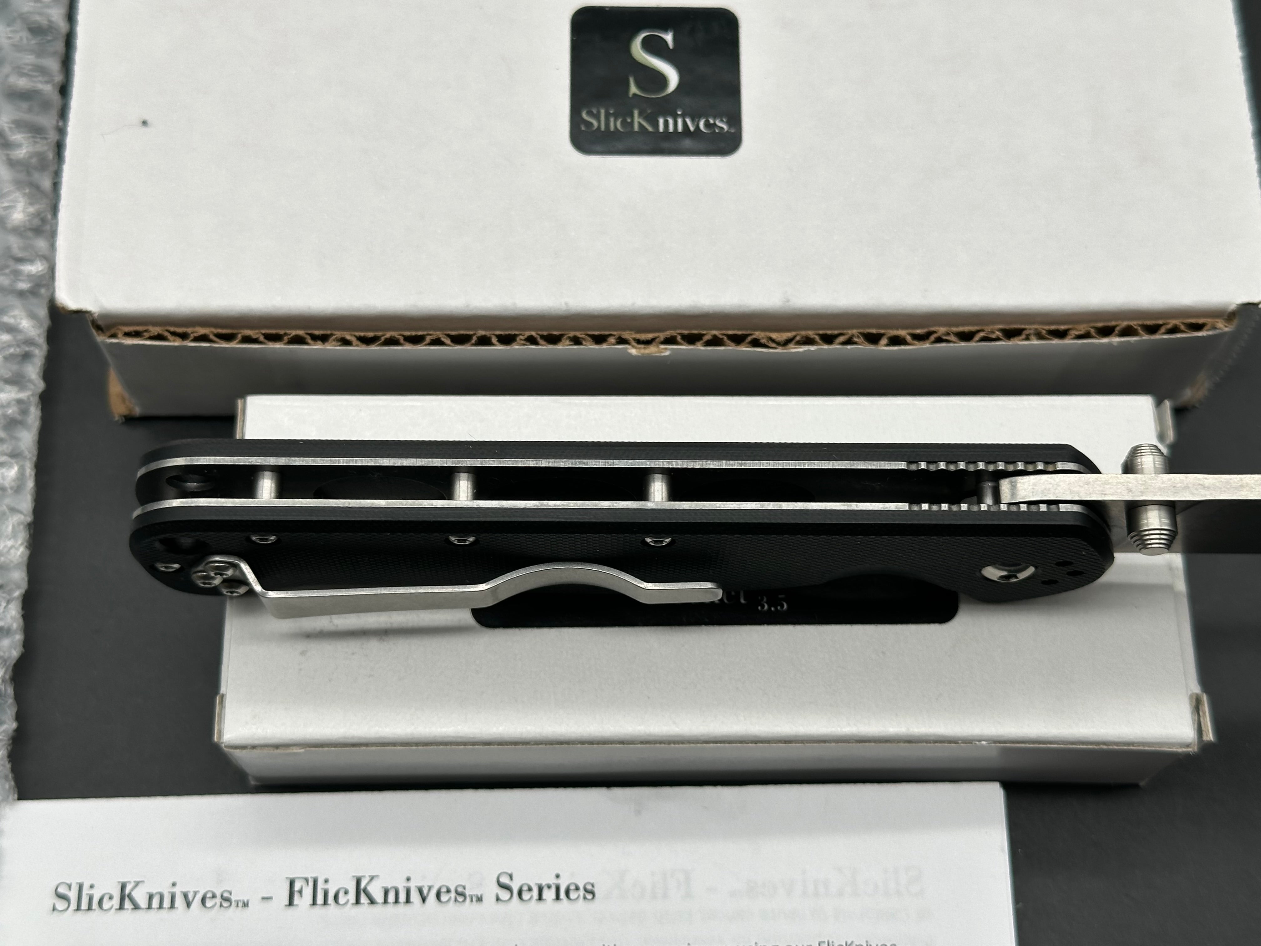 SlicKnives FlicKnives Pocket 3.5  (3.5" AUS 10) Stonewash Drop Point Blade with Black G10
