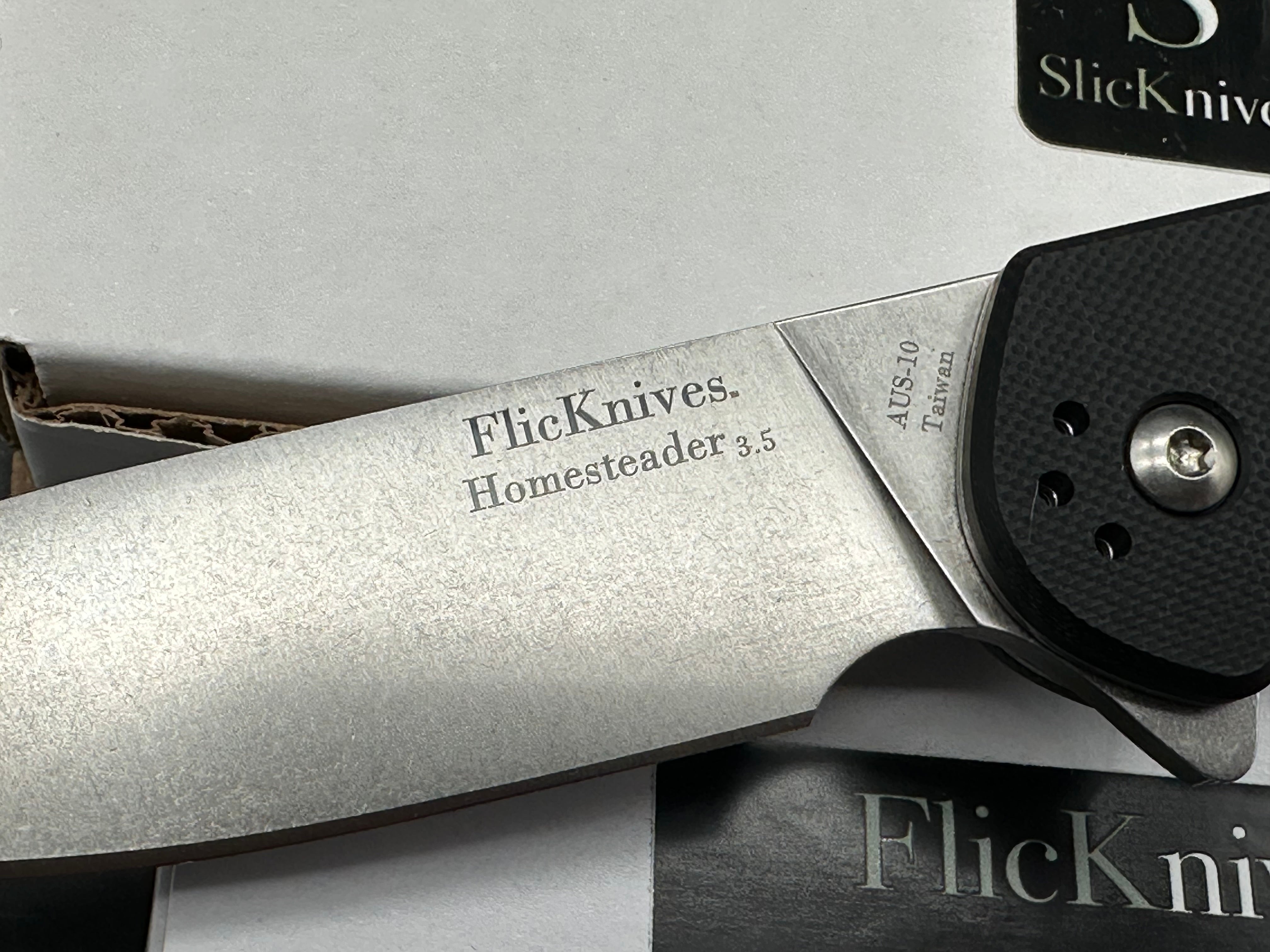 SlicKnives FlicKnives Homsteader 3.5  (3.5" AUS 10) Stonewash Sheepsfoot Blade with Black G10