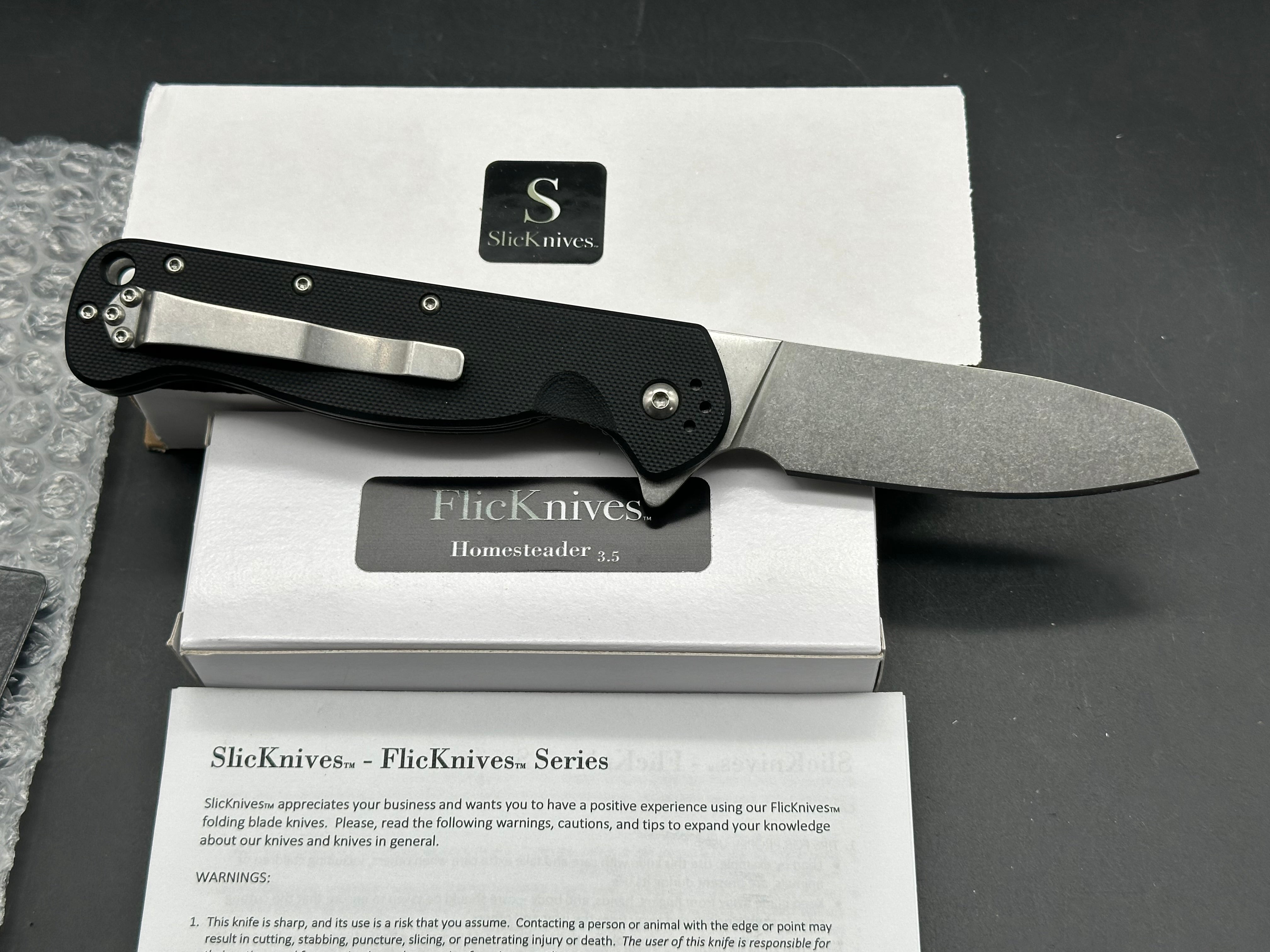SlicKnives FlicKnives Homsteader 3.5  (3.5" AUS 10) Stonewash Sheepsfoot Blade with Black G10
