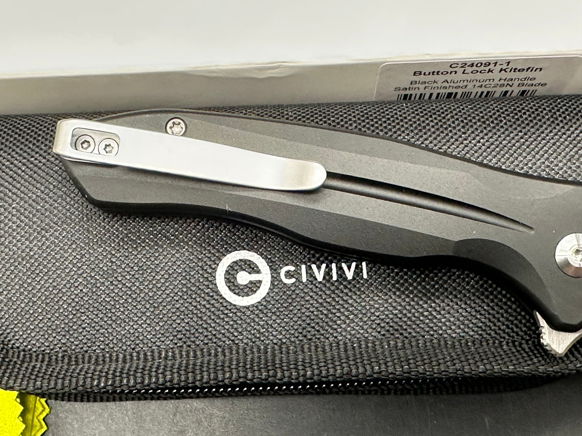 Civivi Kitefin, 3.22" 14C28N Satin Drop Point Blade with Black Aluminum Scales