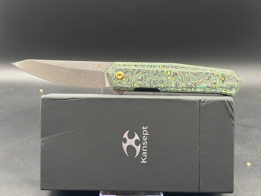 KANSEPT INTEGRA FOLDING KNIFE GREEN/YELLOW CARBON FIBER HANDLE S35VN PLAIN EDGE BLACK STONEWASH FINISH K1042B3