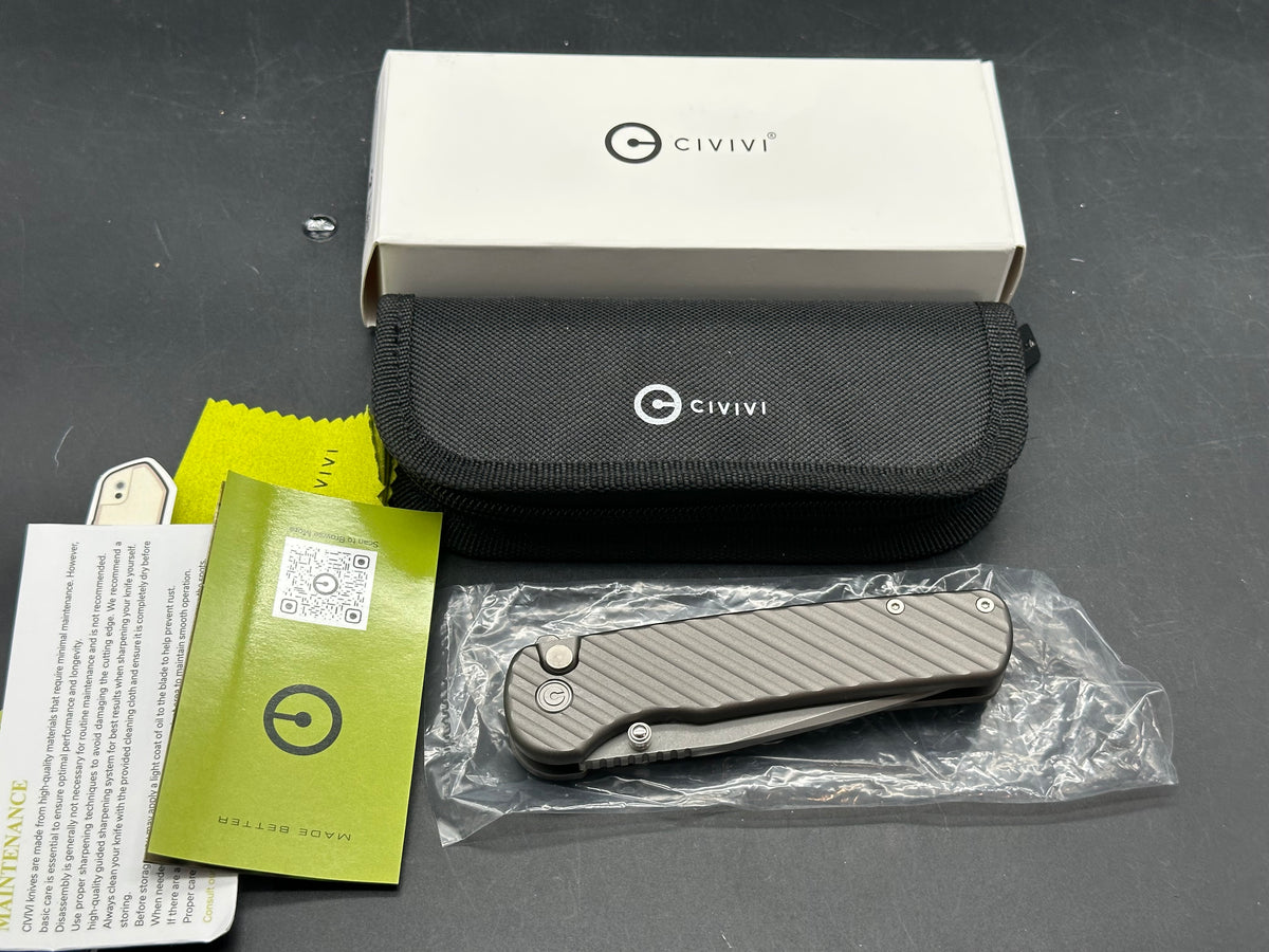 Civivi Iron Tide, 3.24" 14C28N Gray Stonewash Clip Point Blade with Milled Gray Aluminum Scales