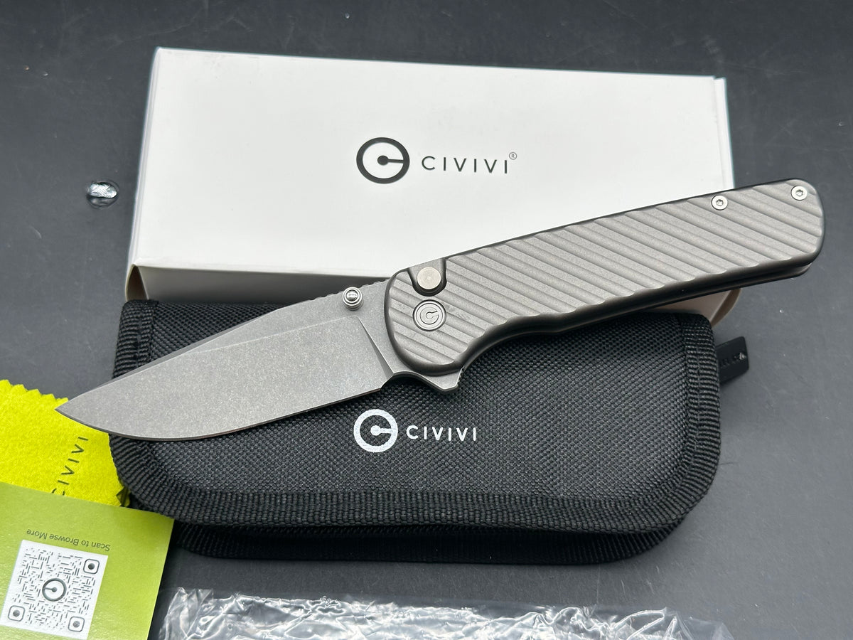 Civivi Iron Tide, 3.24" 14C28N Gray Stonewash Clip Point Blade with Milled Gray Aluminum Scales