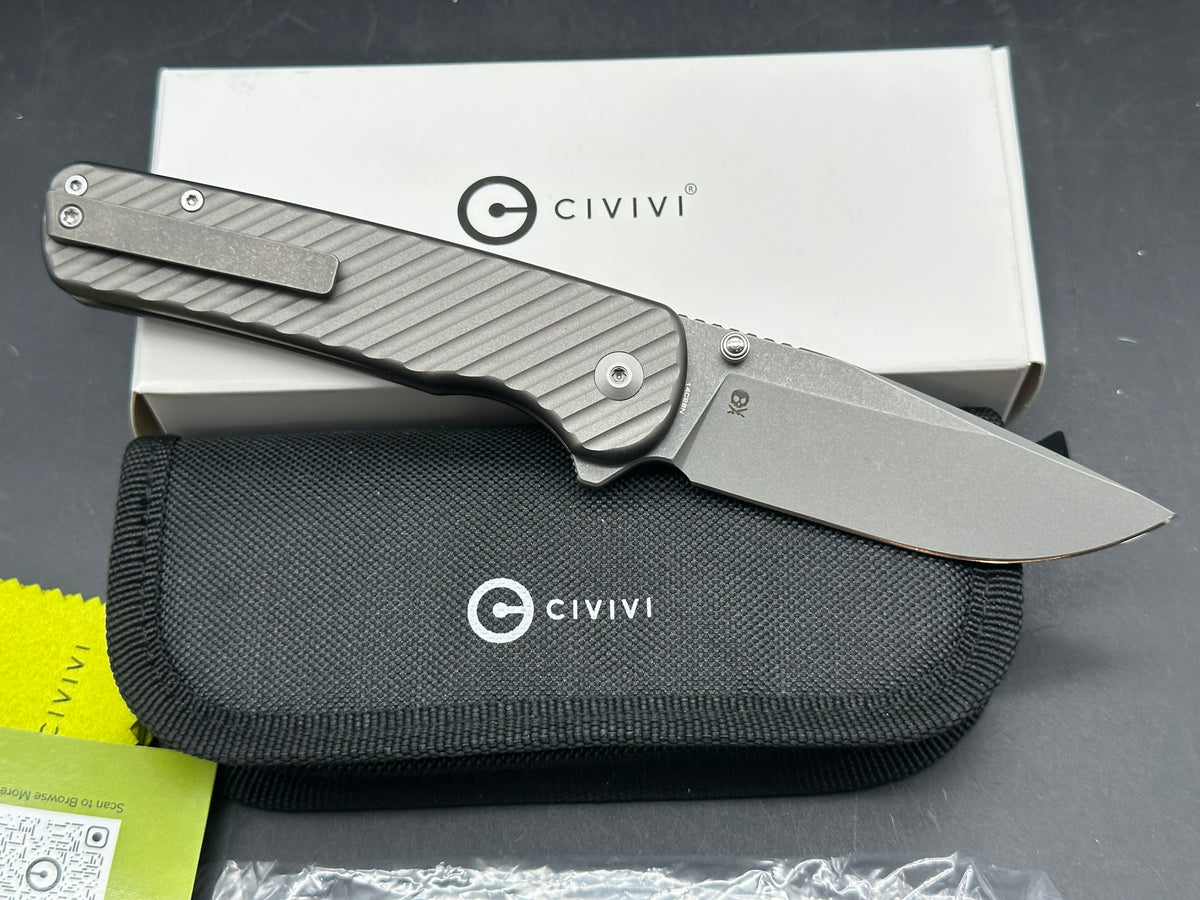Civivi Iron Tide, 3.24" 14C28N Gray Stonewash Clip Point Blade with Milled Gray Aluminum Scales