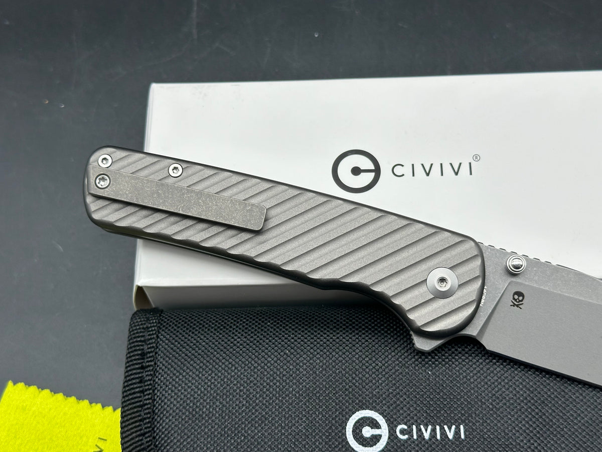 Civivi Iron Tide, 3.24" 14C28N Gray Stonewash Clip Point Blade with Milled Gray Aluminum Scales