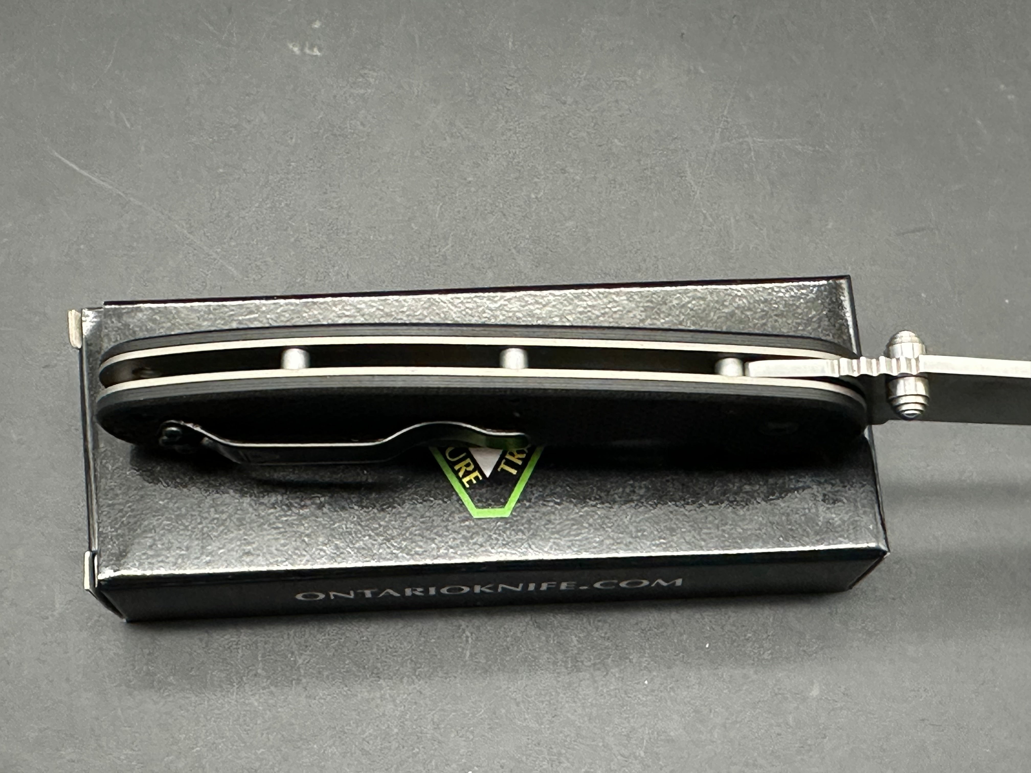Ontario Rat 1.5 3.25" CPM MagnaCut Satin Blade with Black Textured G10 Scales