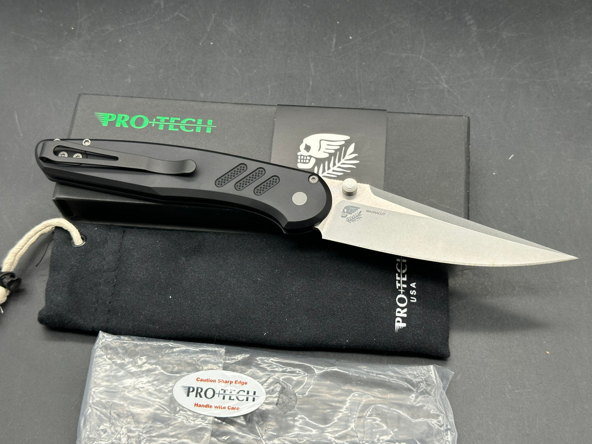 ProTech Avalon, 4" MagnaCut Stonewash Clip Point Blade with Black Textured Aluminum Scales