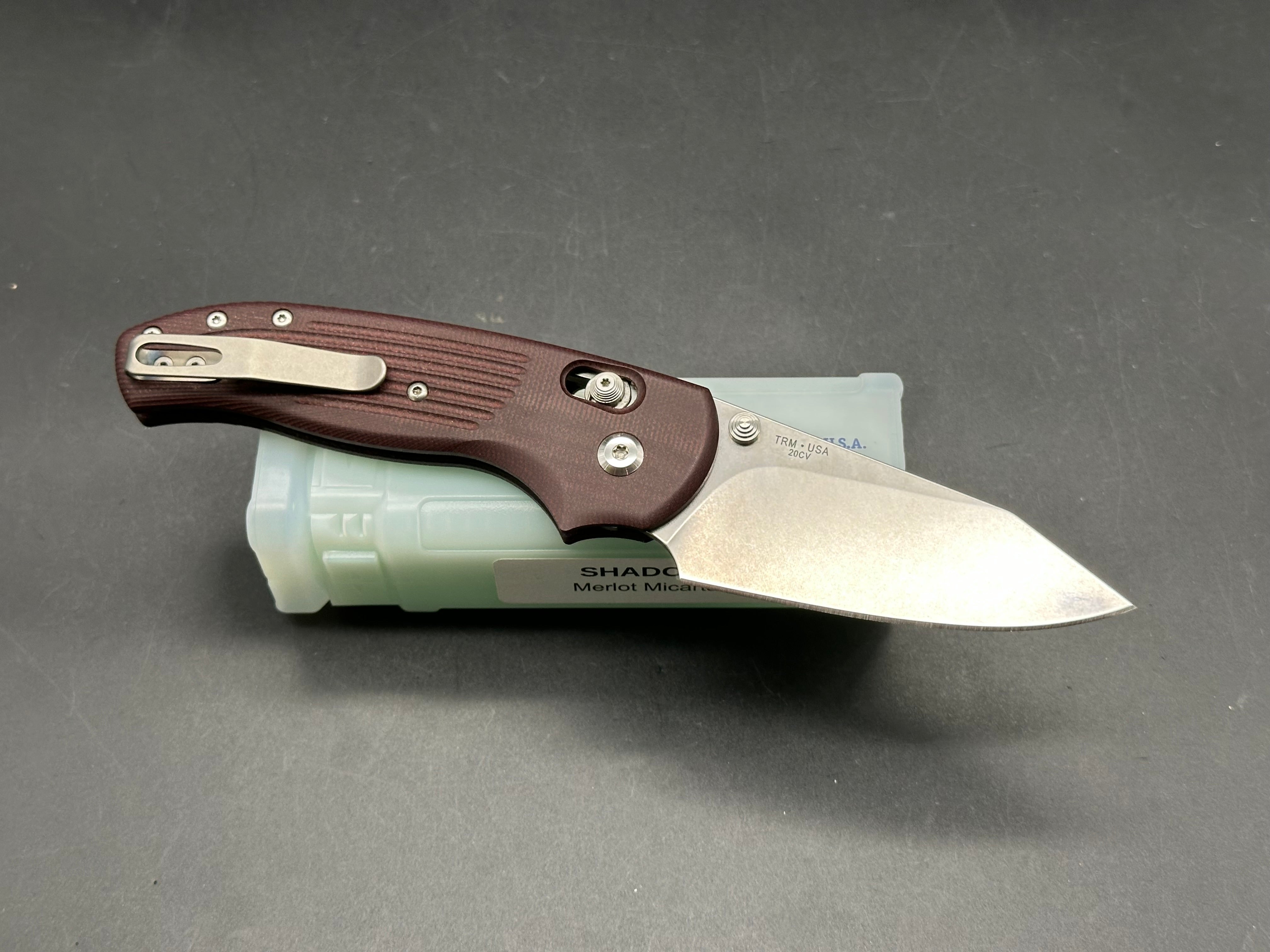TRM Threen Rivers MFG. Shadow, 3.2" CPM 20CV Stonewash Blade with Merlot Micarta Scales