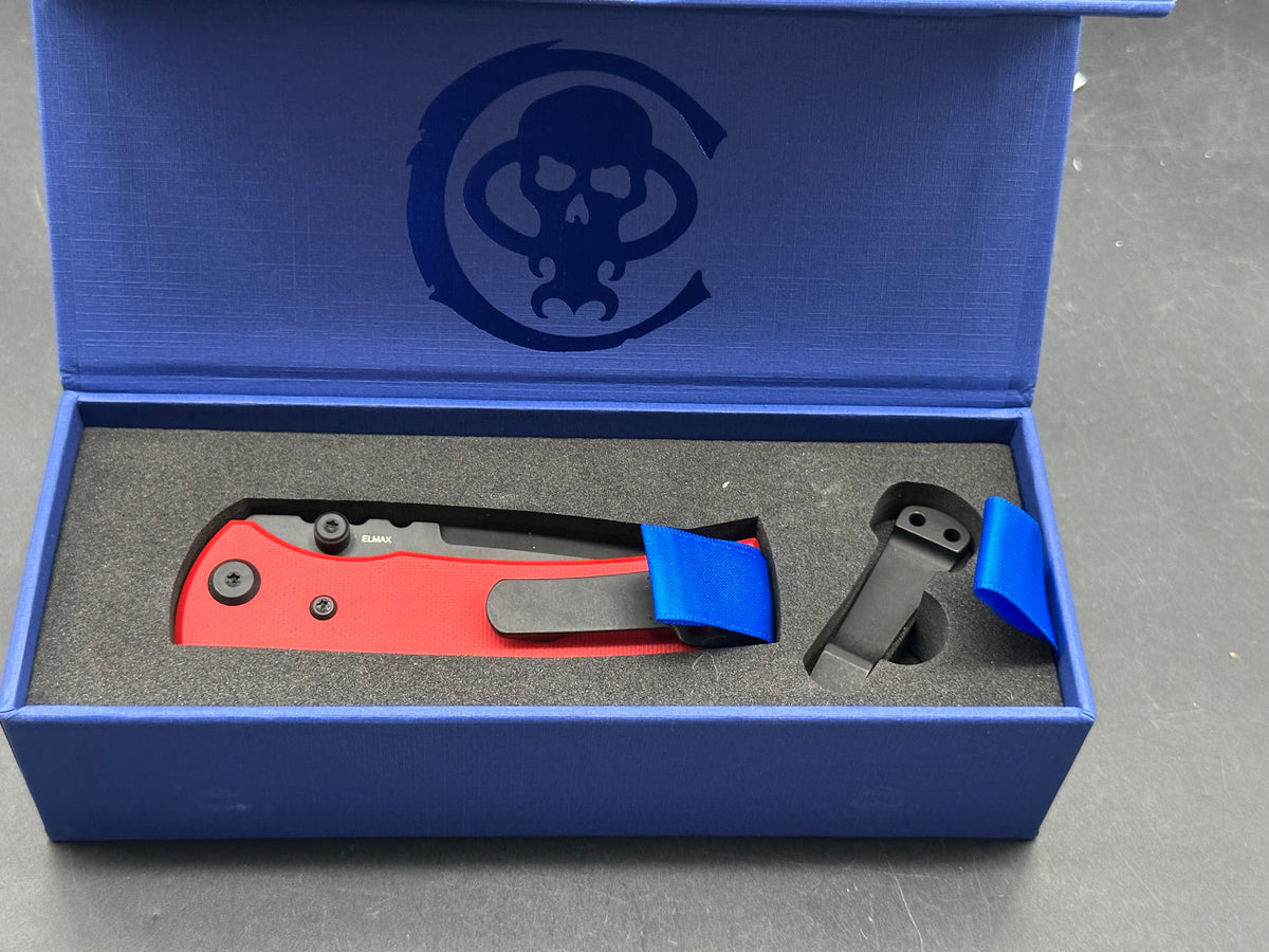 Chaves Knives Exclusive Blue label Redencion Street Street Tanto version red G10 /black Elmax blade